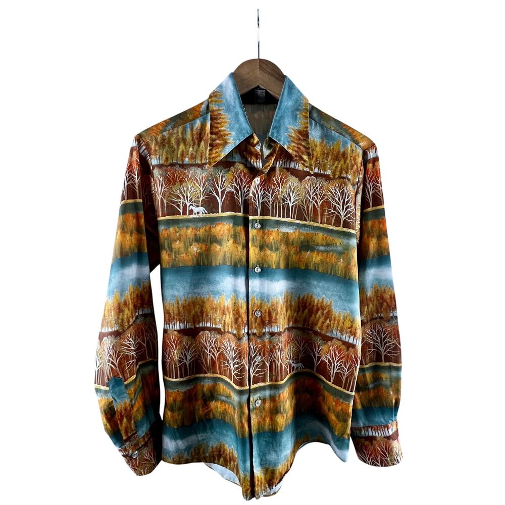 Vintage 1970s Chemise Et Cie Cheval Blanc Autumn Forest Scenic Disco Shirt